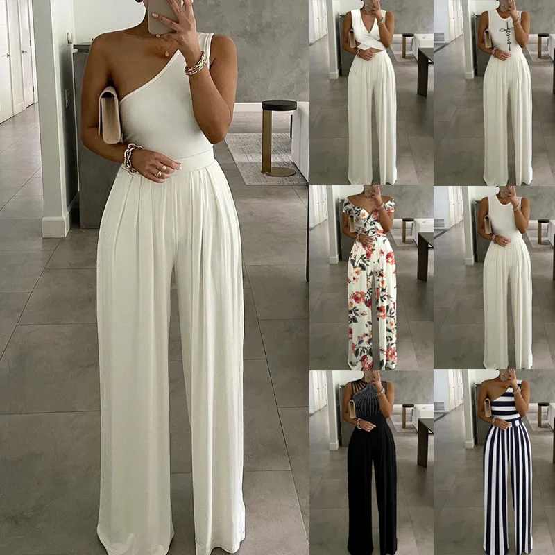 Top Trends: Sexy One Shoulder White Solid Color Jumpsuits Women 2022 Summer Sleeveless High Waist Jumpsuit Fashion Elegant Wide Leg Pants Shoppable Styles