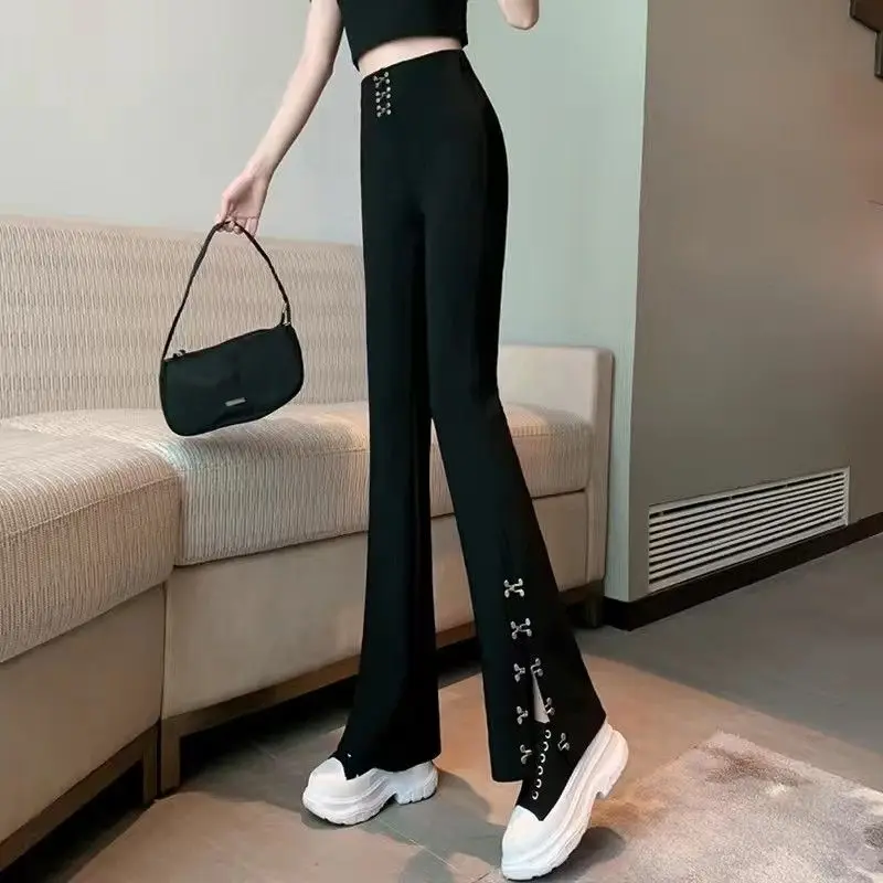 Top Trends: Women&#039;s Solid Color Elastic Waist Split Micro Flare Pants Spring And Summer 2023 High Waist Slim Thin Office Lady Floor Trousers Shoppable Styles