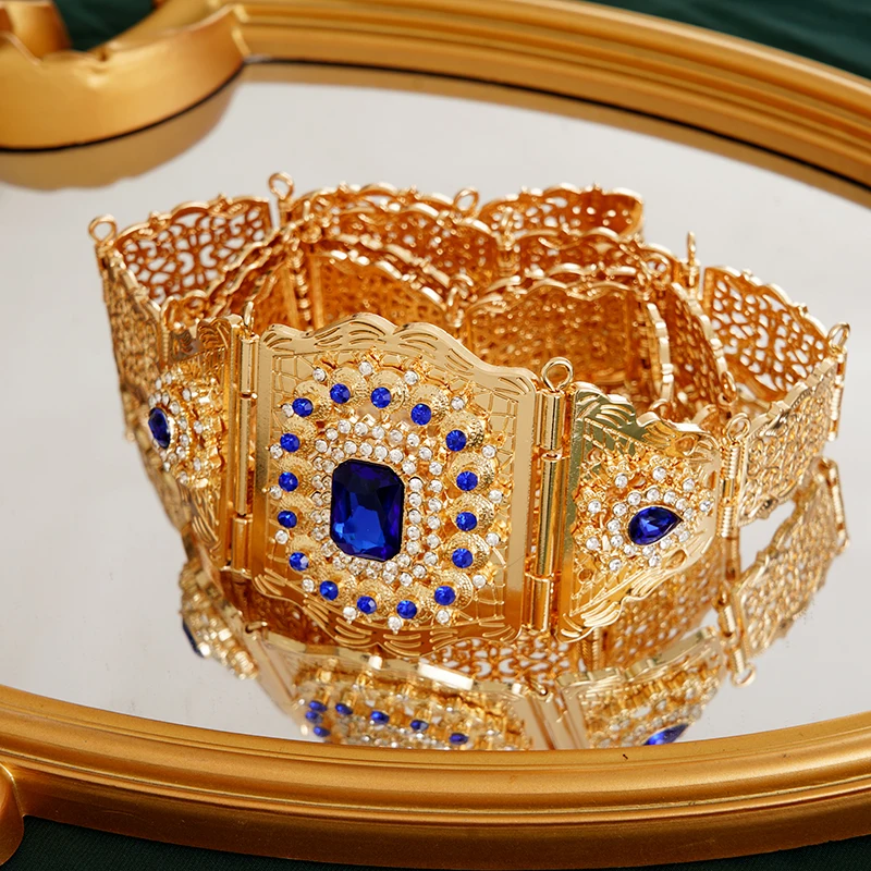 Top Trends: Royal Blue Rhinestone Bridal Belts Gold Plated Moroccan Chic Caftan Belts Long Chain Arabic Turkish Robe Wedding Jewelry Chains Shoppable Styles