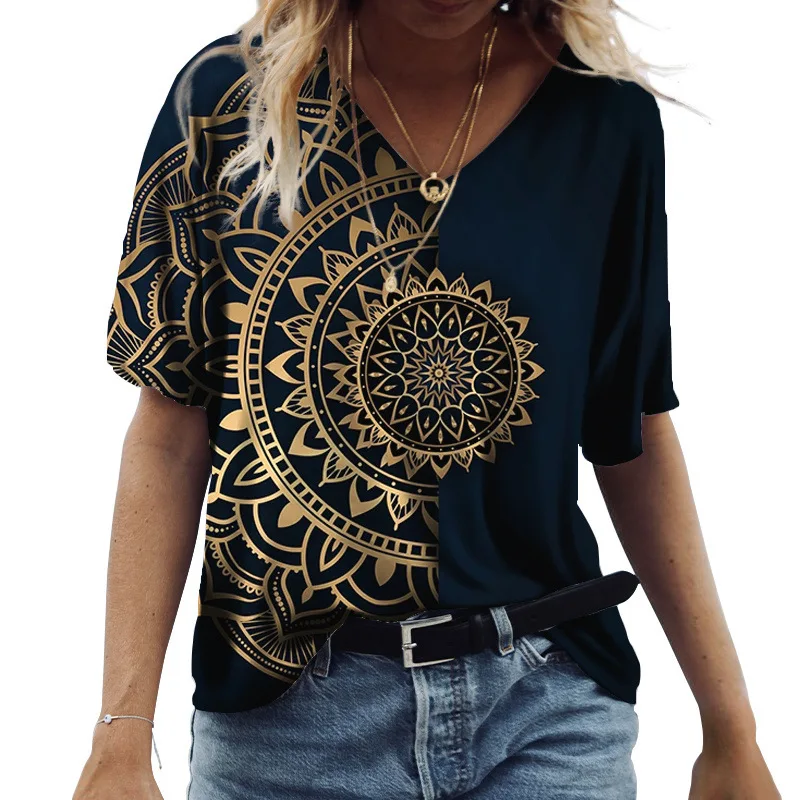 Top Trends: 2023 Summer Women's T-Shirt Vintage Casual Black Fashion V Neck Pullover Short Sleeve Printed Loose Daily Tops Design Clothing Shoppable Styles