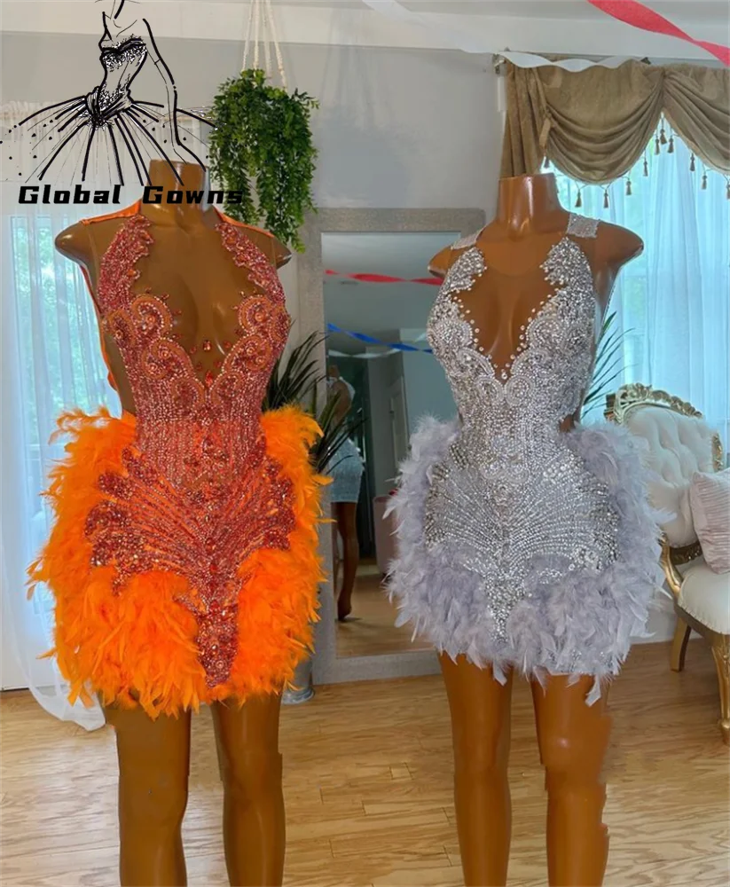 Top Trends: Sexy Orange Sheer O Neck Short Prom Dress For Black Girls 2023 Beaded Crystal Feathers Birthday Party Dresses Mini Cocktail Shoppable Styles