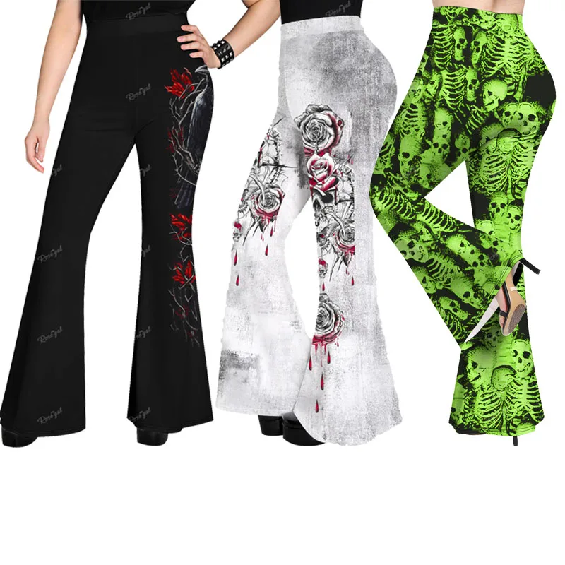 Top Trends: ROSEGAL Plus Size Gothic Printed Flare Pants 3D Printed Graphic Full Trousers Women Casual Elastic Waist Loose Leggings Mujer Shoppable Styles