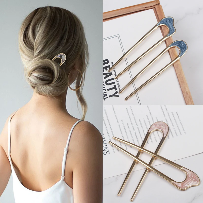 Top Trends: New Fashion Metal Alloy U Shape Hair Stick For Women Hair Clip Gold Color Elegant Shell Enamel Hairpin Female Hair Plug Headwear Shoppable Styles