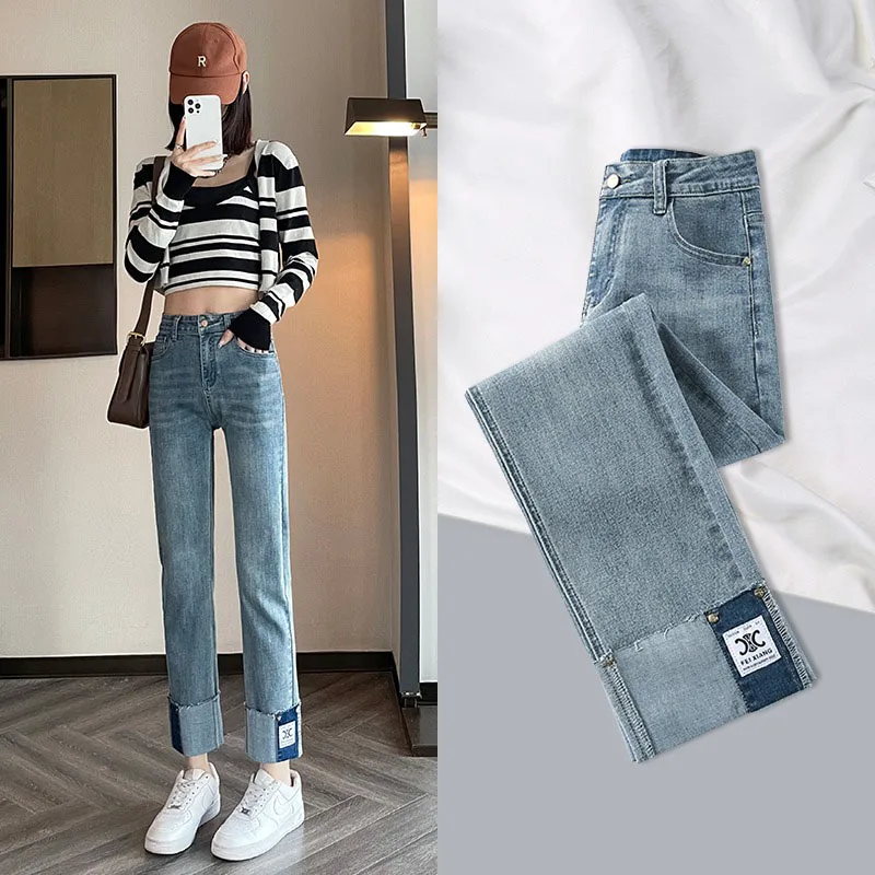 Top Trends: Sandro Rivers Spring And Summer Rolled Hem Jeans Female 2023 New High Waist Splicing Flap Straight Ankle-Length Pants Shoppable Styles