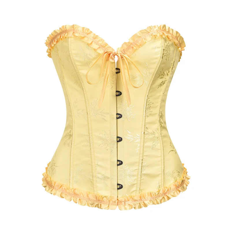 Top Trends: Yellow Jacquard Ruffled Trim Boned Sexy Overbust Push Up Bustier Top Corset Mujer Slimming Corsets For Women Sexy Gothic Clothes Shoppable Styles