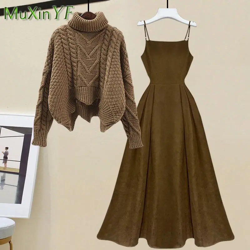 Top Trends: Women&#039;s Autumn Winter New In Matching Set Korean Elegant Vintage High Neck Knitted Sweater A-line Strap Dress Two Piece Suit Shoppable Styles