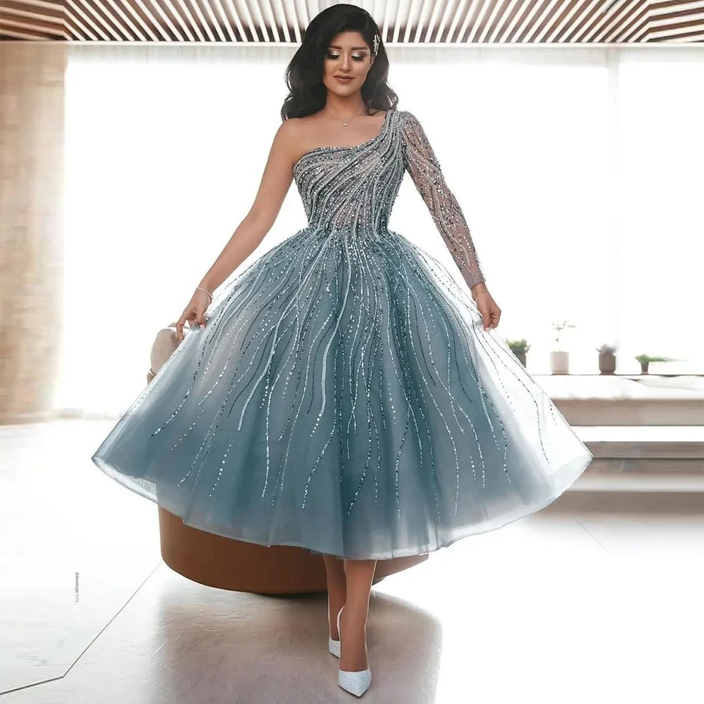 Top Trends: Xijun Luxury Crystal Beadings Sequined Tulle Evening Dresses One Shoulder A-Line Saudi Arabic Prom Dress Wedding Party Gown Shoppable Styles