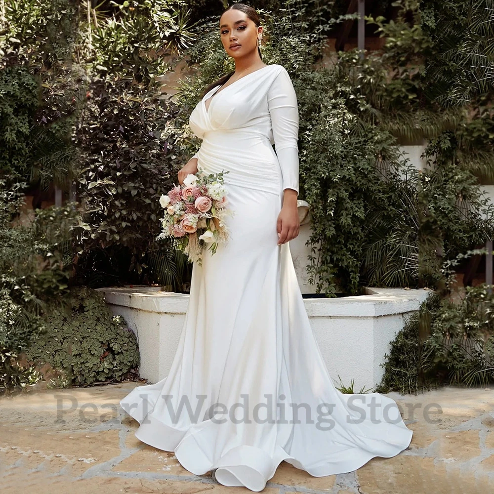 Top Trends: White Plus Size Long Sleeve Wedding Dress V-Neck Grabbed Satin Mermaid And Floor Length Bridal Marriage Gown Robe فستان الزفاف Shoppable Styles - Image 3