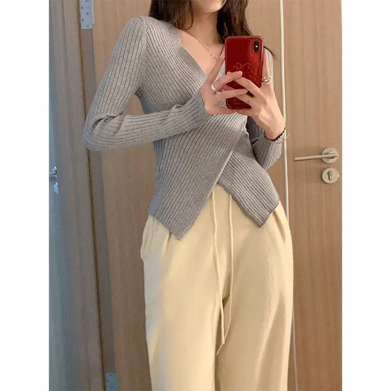 Top Trends: Women&#039;s Autumn And Winter New Fashion Minimalist Solid Color V-neck Cross Korean Versatile Long Sleeved Slim Fit Sweater Tops Shoppable Styles