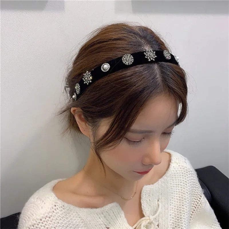 Top Trends: Korean Star Snowflake Rhinestone Headbands For Women Female Black Velvet Pearl Hairbands Makeup Hair Hoops Hair Accessories Shoppable Styles