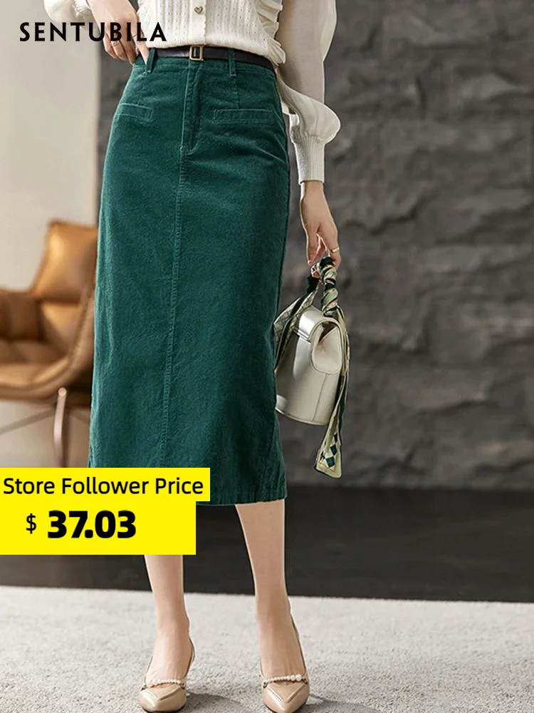 Top Trends: Sentubila Corduroy Slit Midi Skirts For Women 2023 Autumn Fashion Cotton 100% Dark Green Vintage High Waist Split Pencil Skirt Shoppable Styles