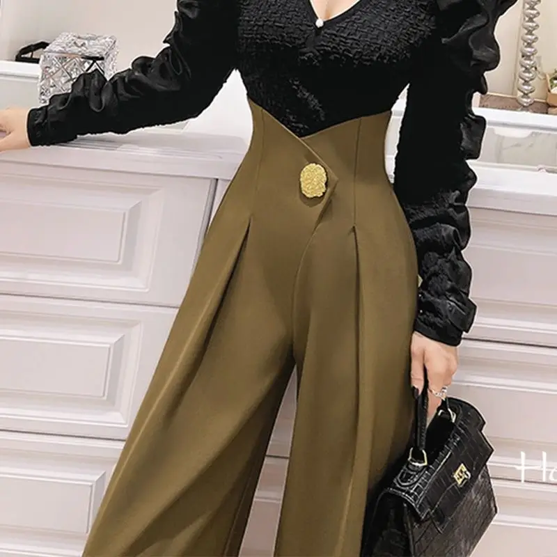 Top Trends: Stylish Spring Autumn High Waist Pants Folds Female Clothing Three-dimensional Decoration Basic Spliced Wide Leg Waist Trousers Shoppable Styles