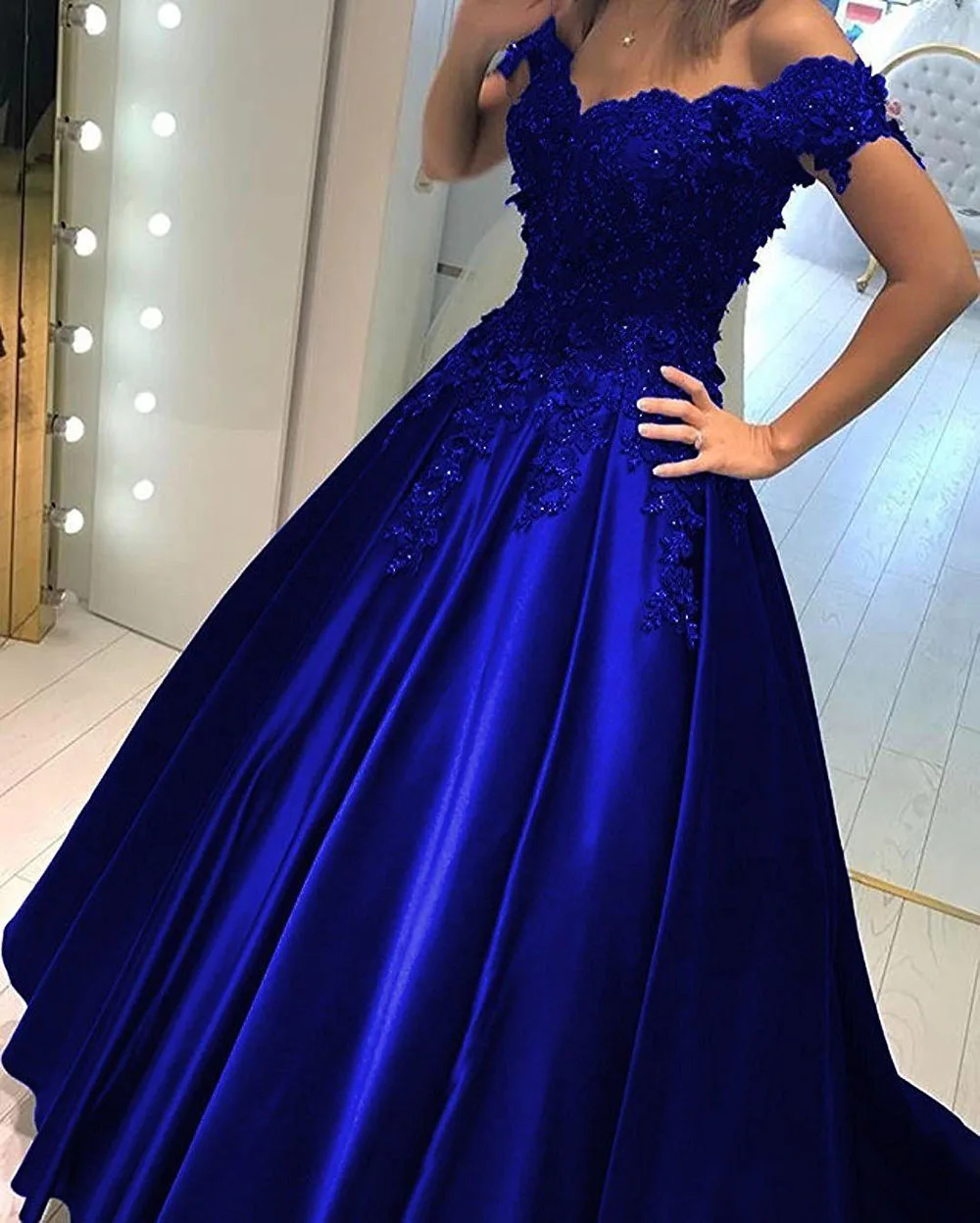 Top Trends: 2023Royal Blue Ball Gown Cheap Prom Dress Off The Shoulder Lace 3D Flowers Beaded Corset Back Satin Evening Form Robes De Soirée Shoppable Styles