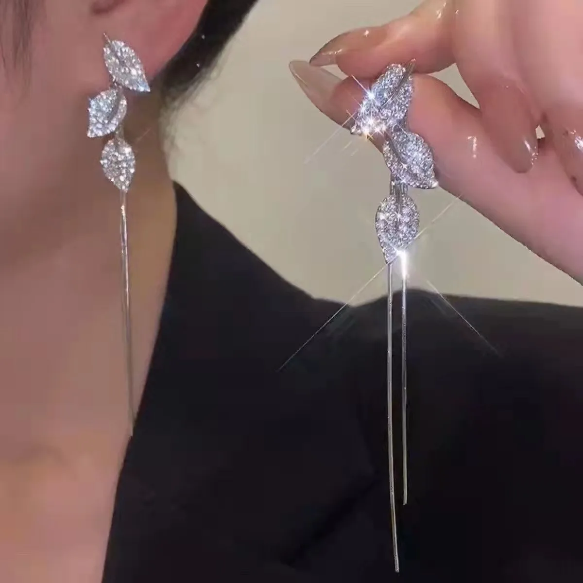 Top Trends: 925 Silver Needle Crystal Leaf Long Tassel Earrings For Women 2023 Trending New Fairy Women's Drop Earrings Two Wearing Methods Shoppable Styles