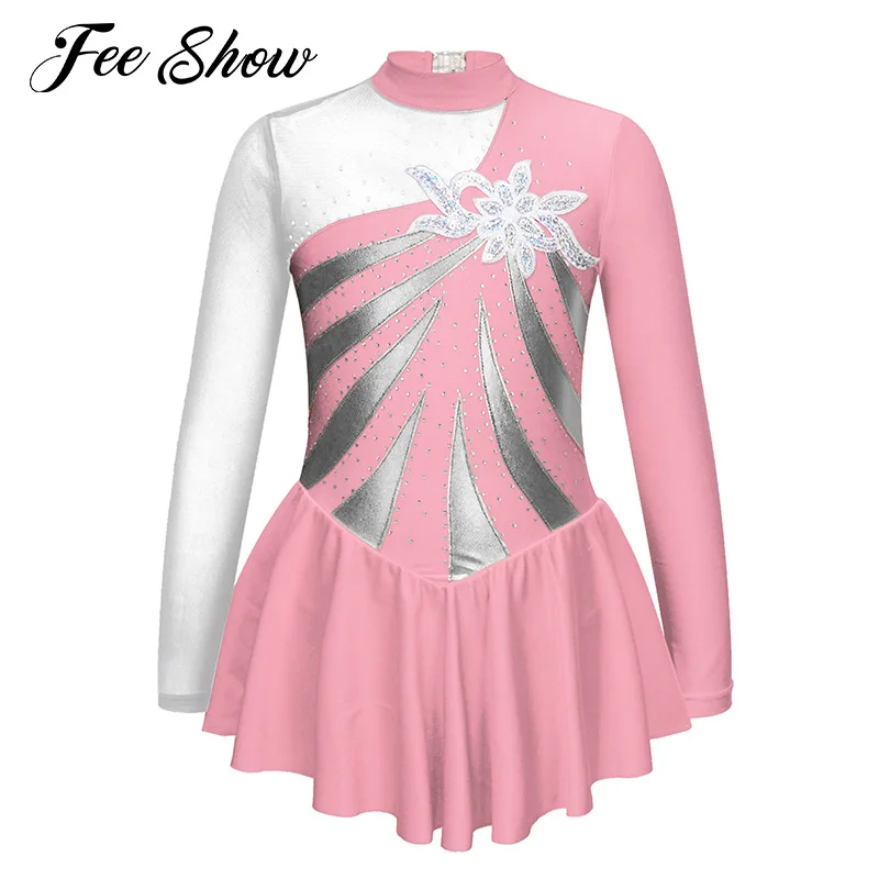 Top Trends: Kids Girls Shiny Rhinestone Gymnastics Leotards Ice Skating Dress Dance Wear Long Sleeve Floral Sequins Hollow Back Dance Dress Shoppable Styles