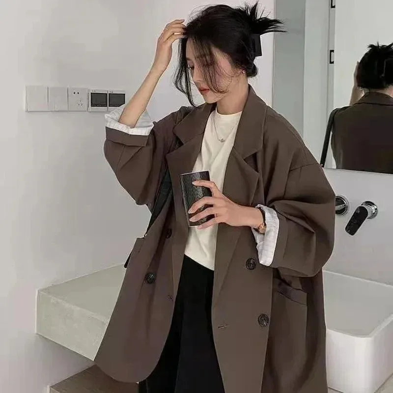 Top Trends: Vintage Brown Blazer Women Elegant Official Ladies Spring Autumn Fashion Long Sleeve Oversized Chic Casual Suit Jacket 2023 Shoppable Styles