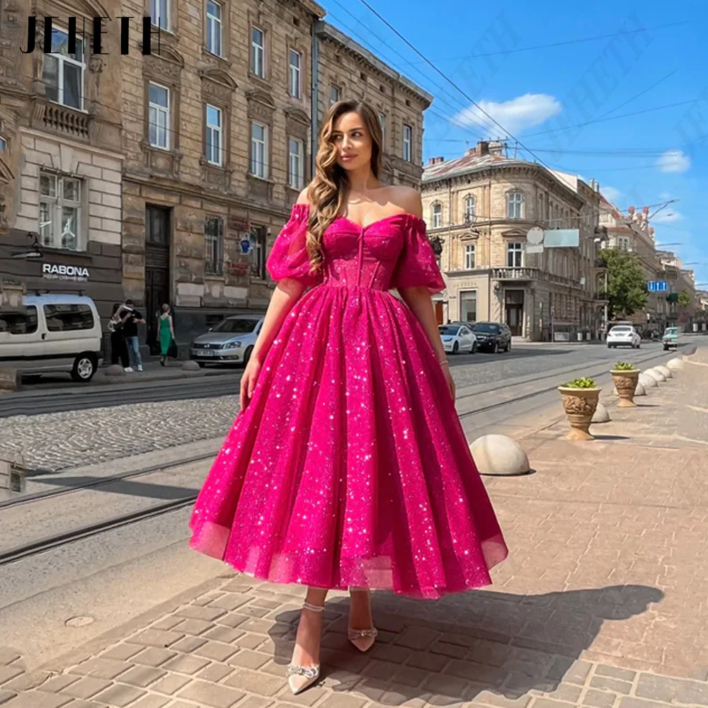 Top Trends: JEHETH Modern Glitter Sweetheart Prom Dress Short Puff Sleeves Ankle Length Party Dress Shiny Tulle A-Line Vestidos De Gala Shoppable Styles