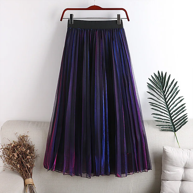 Top Trends: 2023 New Summer Skirts Woman Mid-Calf Mixed Color Gradient Mesh Skirt A-Line Elegant Female Glitter Tulle Skirt Faldas Saias Shoppable Styles