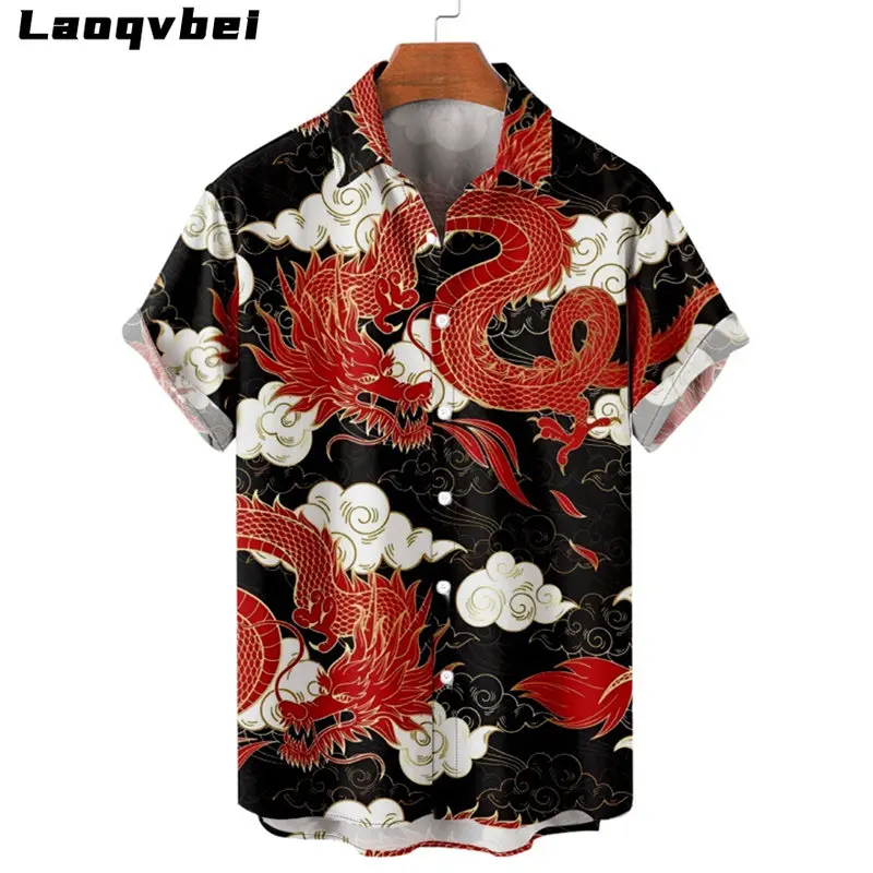 Top Trends: 2023 Anime Dragon Print Loose Short Sleeve Shirt Men&#039;s Hawaiian Shirt Beach Oversized Blouses Tops Shoppable Styles