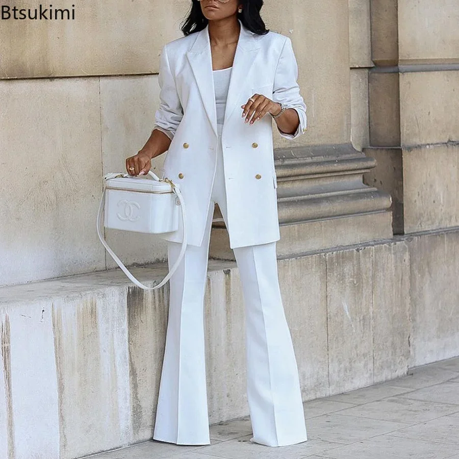 Top Trends: 2024 Women's Two Pieces Pants Sets Solid Double Breasted Blazer Suits And Straight Flare Pants Suit 2 Piece Set Outfits Female Shoppable Styles - Image 2