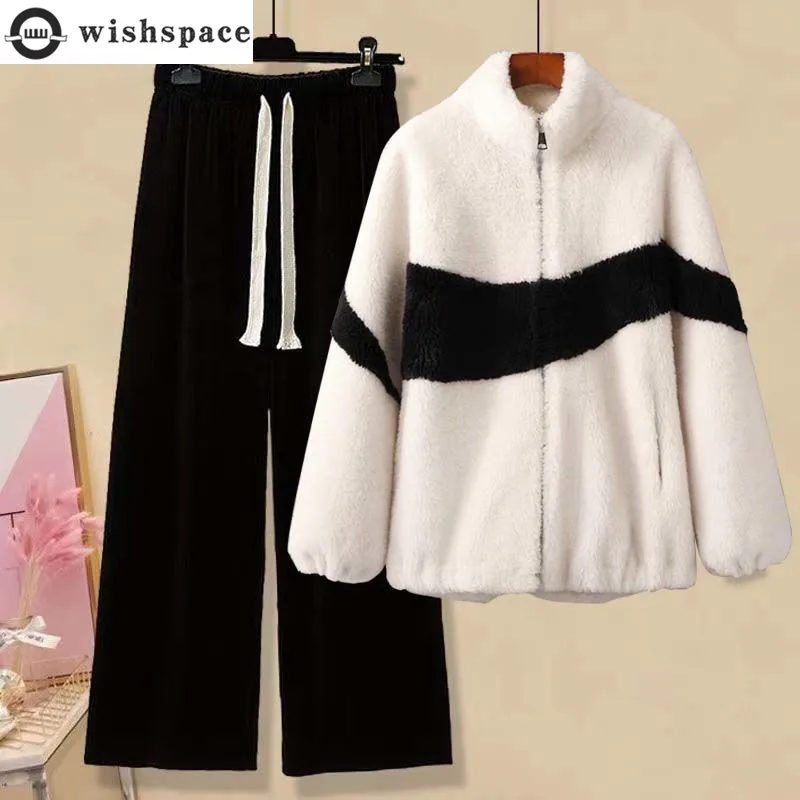 Top Trends: Set Of Women&#039;s Autumn And Winter Korean Version Loose Plush And Thick Lamb Wool Coat Loose Casual Pants Two-piece Set Shoppable Styles