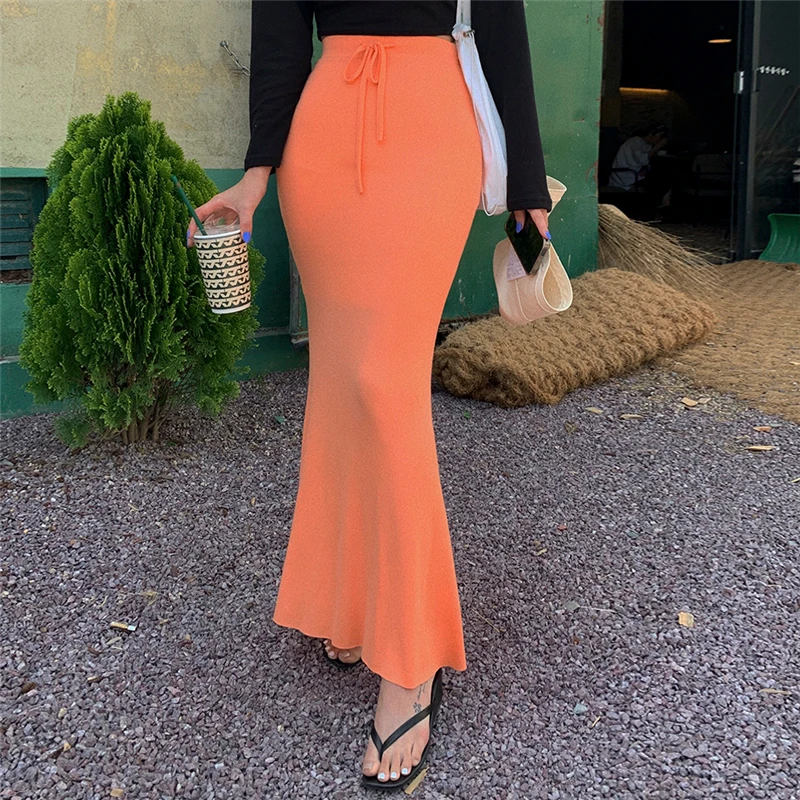 Top Trends: Drawstring Orange Skirt Women Vintage Korean High Waist Maxi Mopping Mermaid Skirts Sexy Tight Bodycon Elegant Knitted Skirts Shoppable Styles