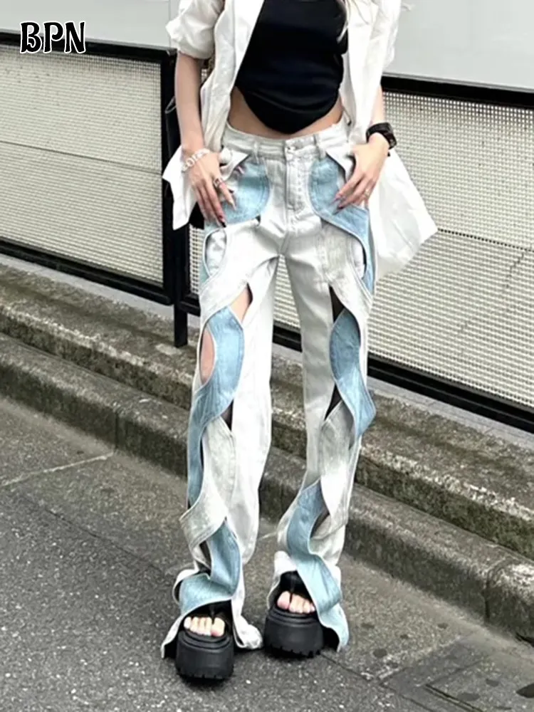 Top Trends: BPN Casual Hollow Out Jeans For Women High Waist Hit Color Spliced Pockets Crisscross Loose Denim Wide Leg Pants Female Clothing Shoppable Styles