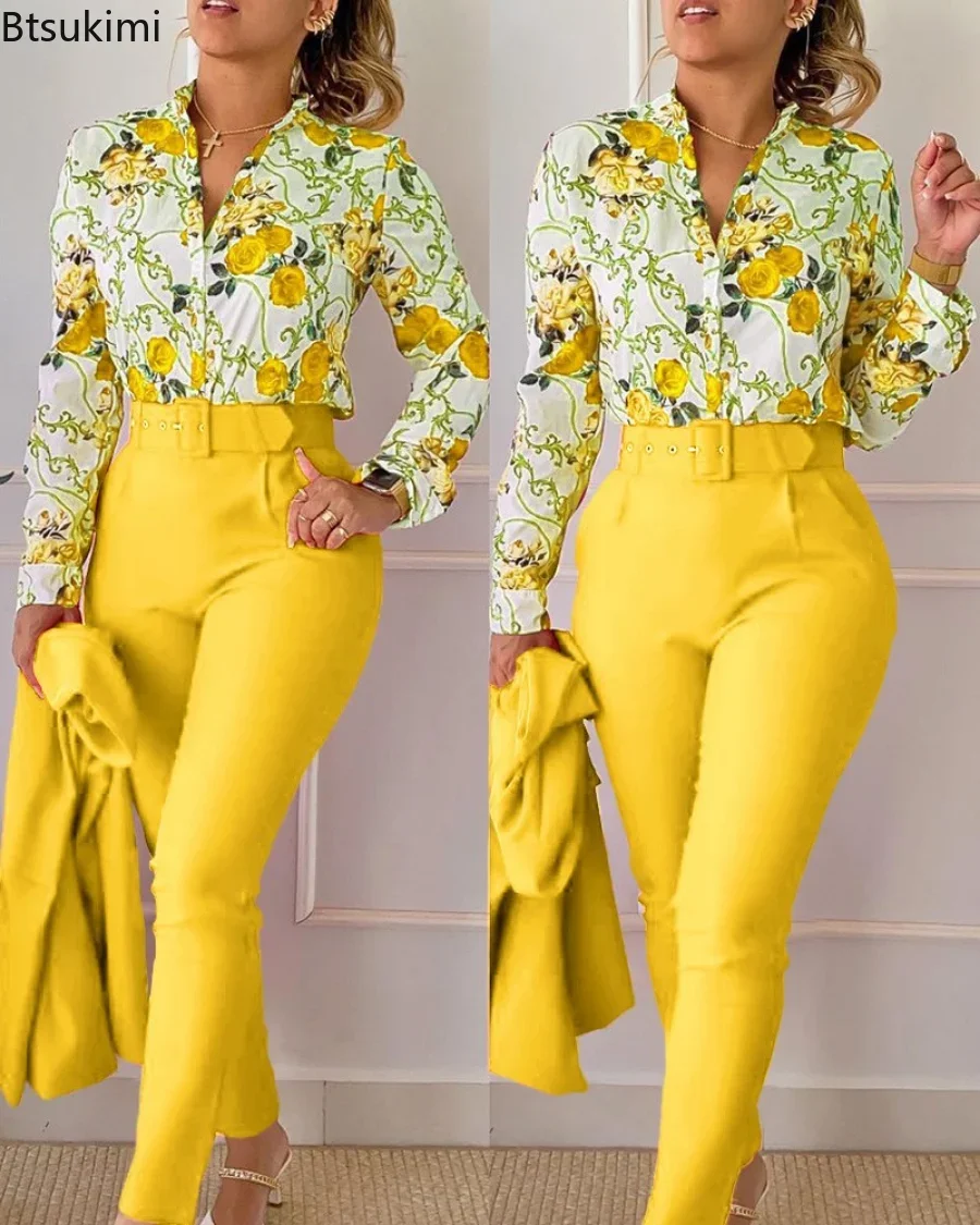 Top Trends: 2024 Women Summer Floral Print Shirt & High Waist Pants Work Suit Sets Female V-Neck Long Sleeve Top 2 Pieces Suit Sets Elegant Shoppable Styles