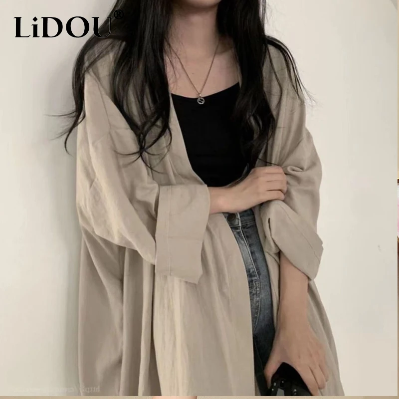 Top Trends: 2023 Summer Pure Cotton Oversize Square Neck Long Sleeve Cardigan Tops Korean Style Midi Sunscreen Clothing Women Loose Coat Shoppable Styles