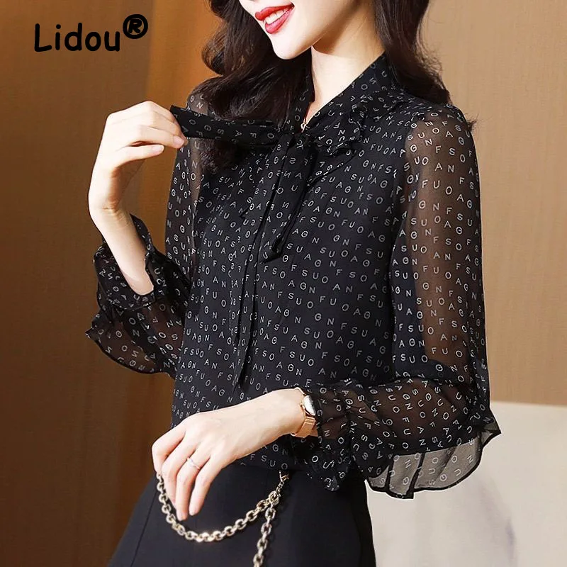 Top Trends: Elegant Women Black Chiffon Shirt Office Lady Bow Gauze Vintage Blouses Women&#039;s Spring Long Sleeve Print Fashion Pullovers 2022 Shoppable Styles