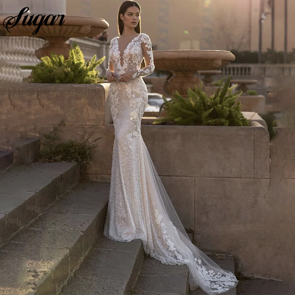 Top Trends: Luxury Appliques Wedding Gown Sequins Mermaid Wedding Dress V-Neck Long Sleeve Backles Sweep Train Bride Gown Vestidos De Noiva Shoppable Styles