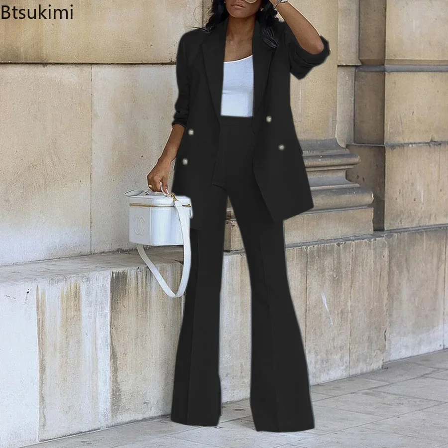 Top Trends: 2024 Women's Two Pieces Pants Sets Solid Double Breasted Blazer Suits And Straight Flare Pants Suit 2 Piece Set Outfits Female Shoppable Styles - Image 4