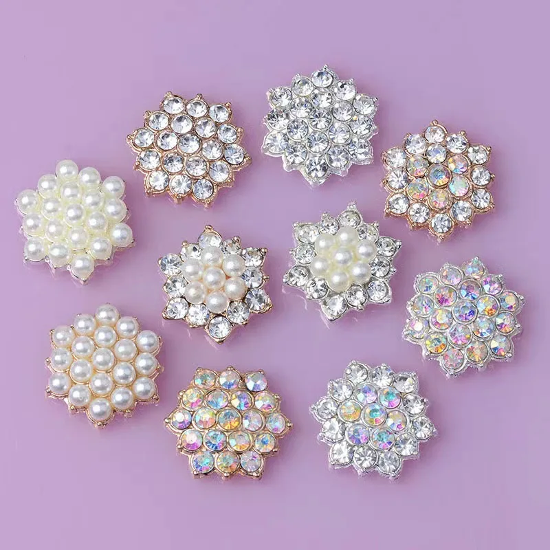 Top Trends: 10PCS Shiny Rhinestone Flower Snowflake Buttons DIY Craft Flatback Plating Pearl Buckle Clothing Decoration Brooch Hairpin Acces Shoppable Styles