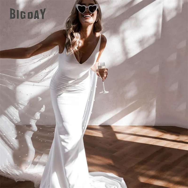 Top Trends: Elegant Mermaid Wedding Dresses Women Open Back V-Neck Spaghetti Straps Satin Simple Bridal Gowns Sweep Train Vestidos De Noiva Shoppable Styles