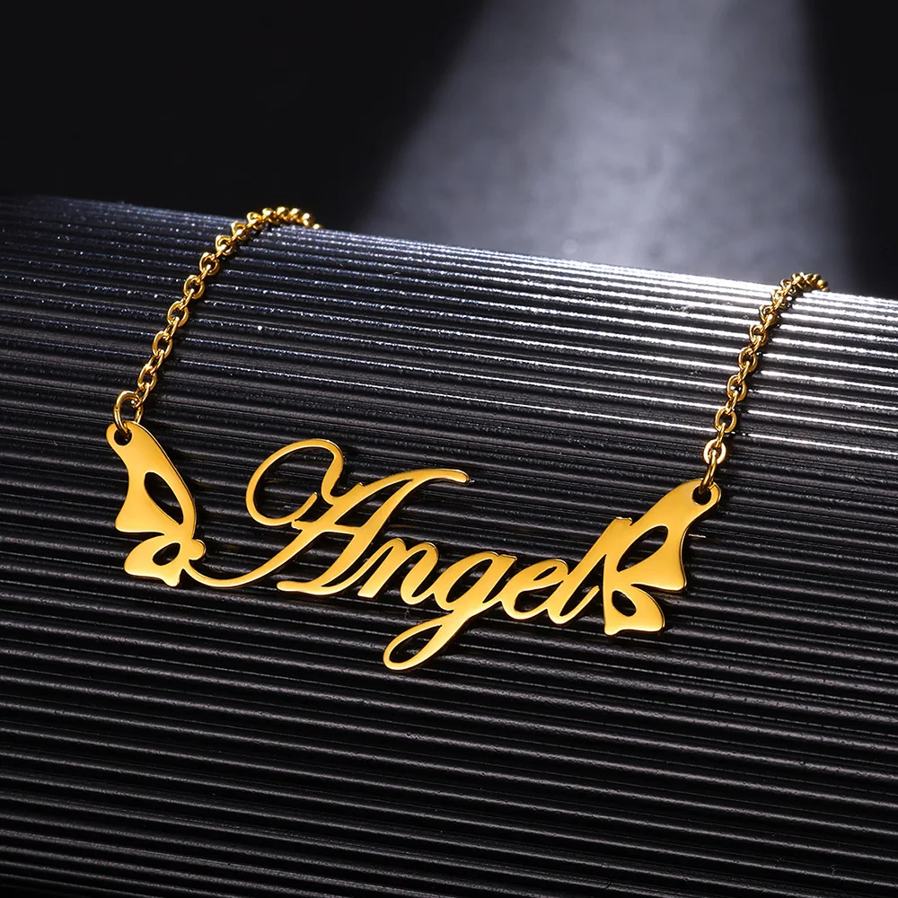 Top Trends: Custom Cursive Font Name Necklace Stainless Steel Nameplate Custom Butterfly Wings Name Necklaces For Women Personalized Jewelry Shoppable Styles