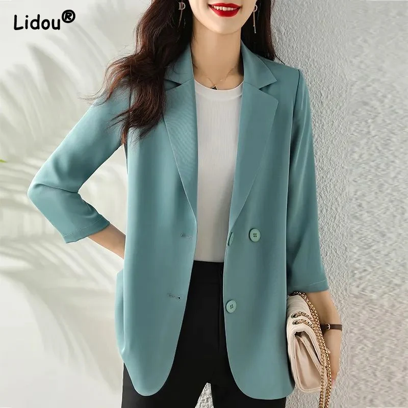 Top Trends: Loose Blazers Solid Spring Summer Thin Office Lady Formal Button Notched Women&#039;s Clothing Simplicity Temperament Fashion Casual Shoppable Styles