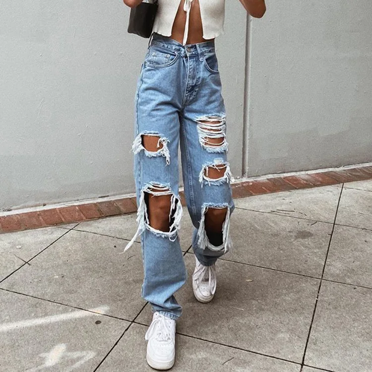 Top Trends: Ripped Vintage Woman's Jeans Distressed Streetwear Hole Hip Hop High Waist Pants Fashion Straight Denim Trousers Summer Jean Shoppable Styles