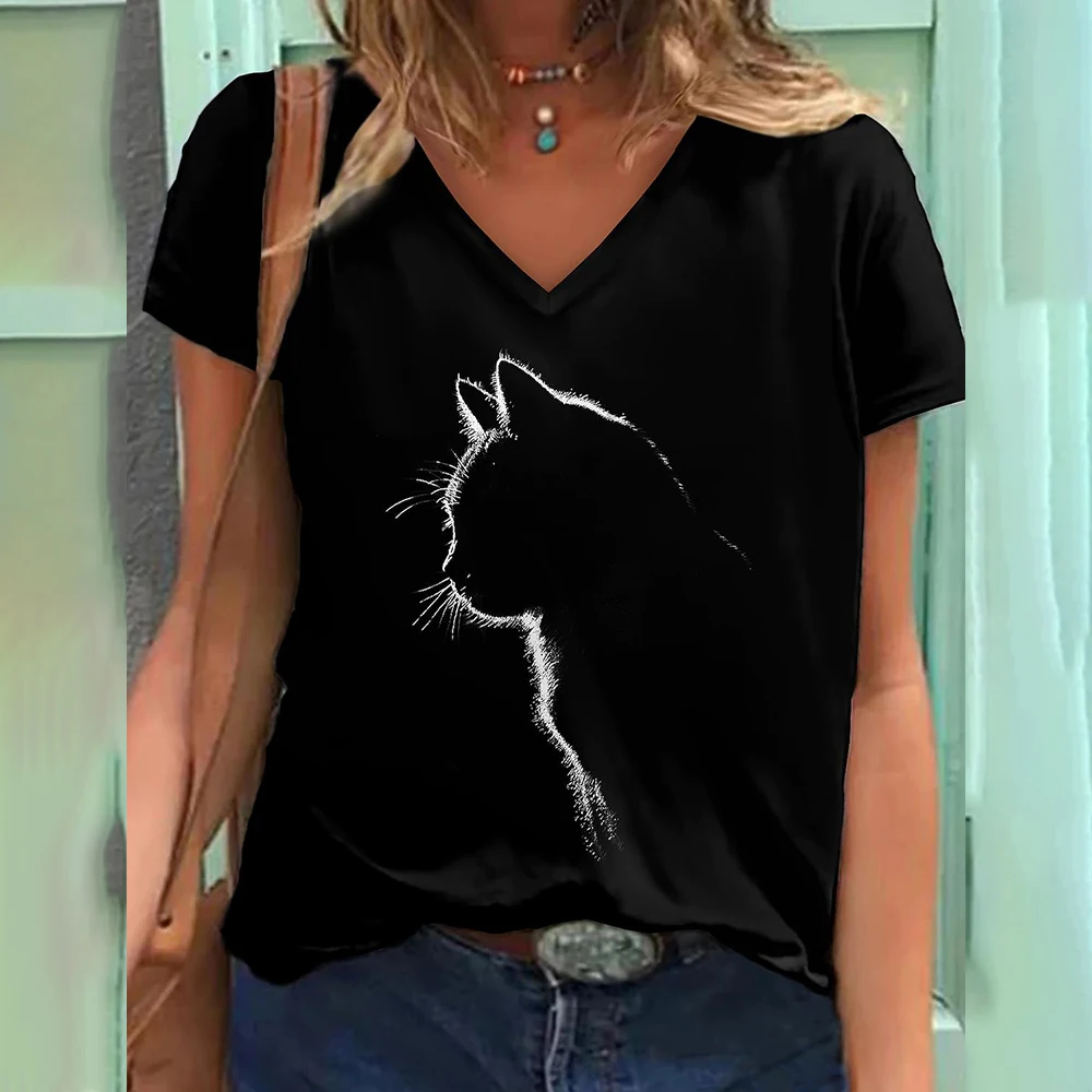 Top Trends: 2022 New Women's T-shirts 3d Cat Print V-neck Short Sleeve T Shirt For Ladies Casual Animal Girls Tops Tees Shirt Women Clothing Shoppable Styles