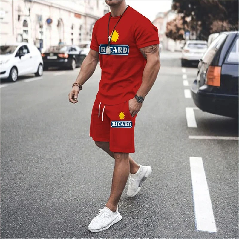 Top Trends: Men’s 2 Piece Tracksuit 3D RICARD Print Fashion Summer T Shirt Sets Sportswear O-Neck Oversize Male Clothing Suits Shoppable Styles