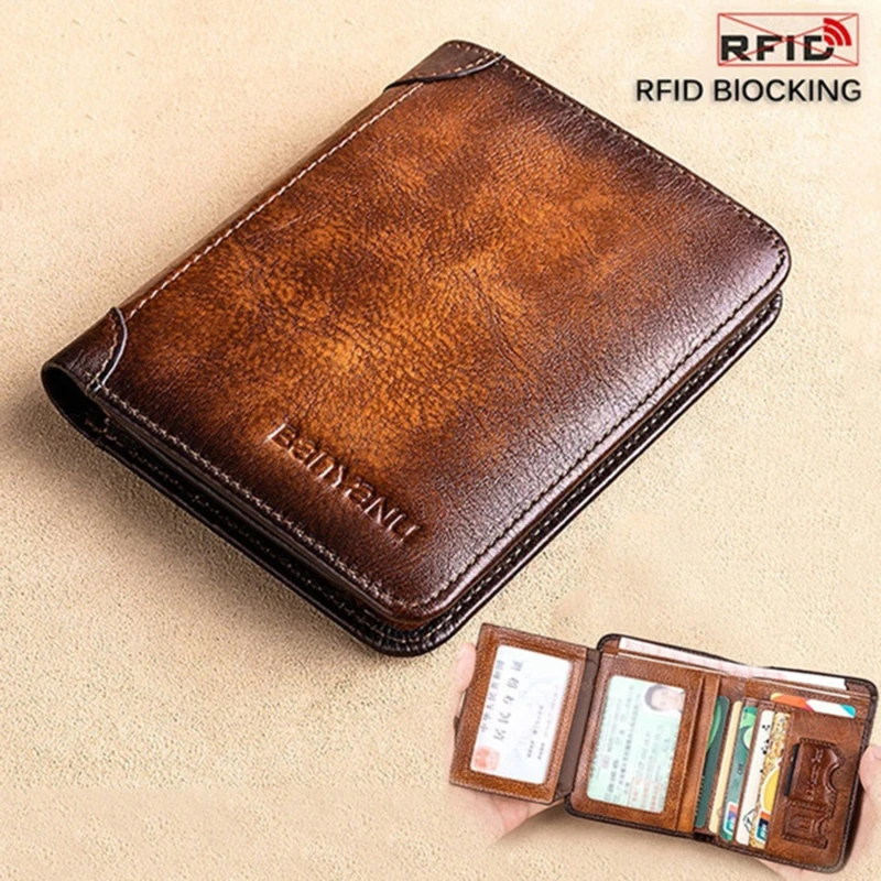 Top Trends: Men Wallet Genuine Leather Rfid Blocking Trifold Wallet Vintage Thin Short Multi Function ID Credit Card Holder Male Purse Money Shoppable Styles