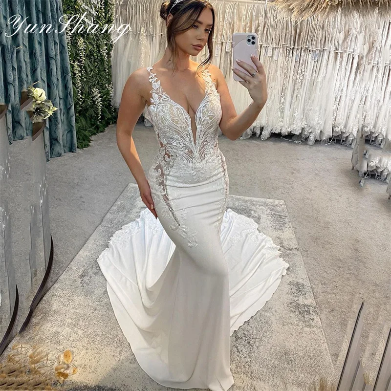 Top Trends: Yunshang Elegant Wedding Dress Women Mermaid Open Back Lace V-Neck Spaghetti Straps Bridal Gown Applique Sweep Vestidos De Novia Shoppable Styles