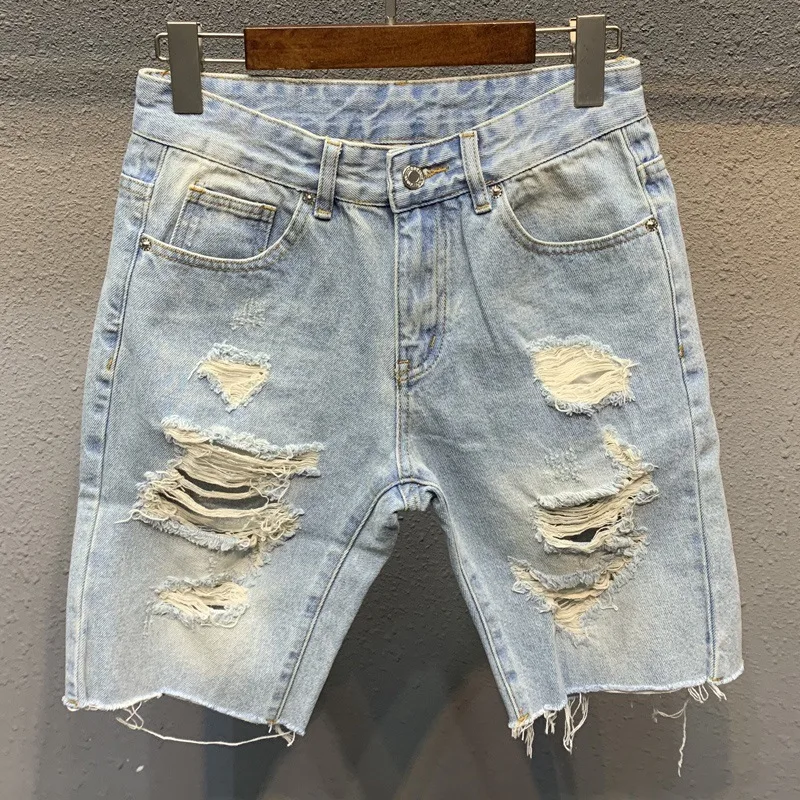 Top Trends: Fashion 2022 Ripped Hole Denim Shorts Men's Light-color Pants Man's Loose Raw Edge Breeches Beggar Pants Summer Blue Baggy Jeans Shoppable Styles