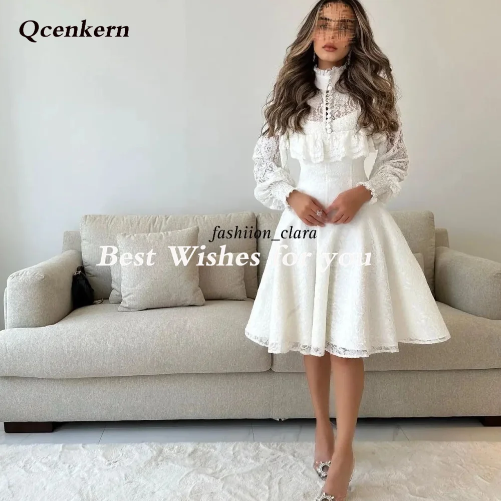 Top Trends: Qcenkern High Neck Evening Formal Saudi Arabia Lace A-Line Long Sleeve White Party Dresses Gowns Women Robes De Soirée 2023 Shoppable Styles