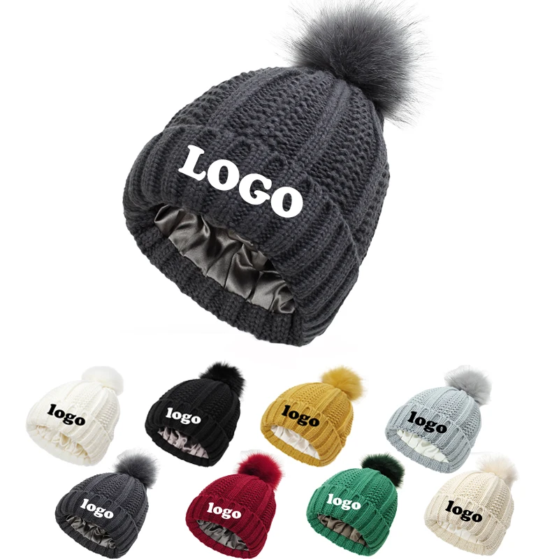 Top Trends: Women Winter Thicken Satin Lining Soft Faux Fur Pom Pom Knitted Hat Beanie Customized Logo Autumn And Winter Skullies Caps Shoppable Styles