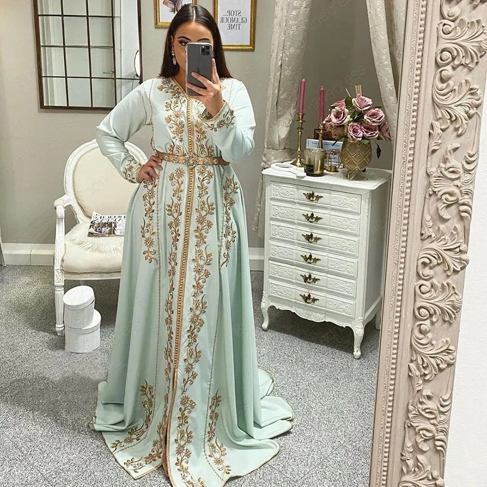 Top Trends: Blue Moroccan Kaftan Muslim Evening Dresses A-line Long Sleeves Satin Appliques Dubai Arabic Turkey Caftan Islamic Gown Shoppable Styles