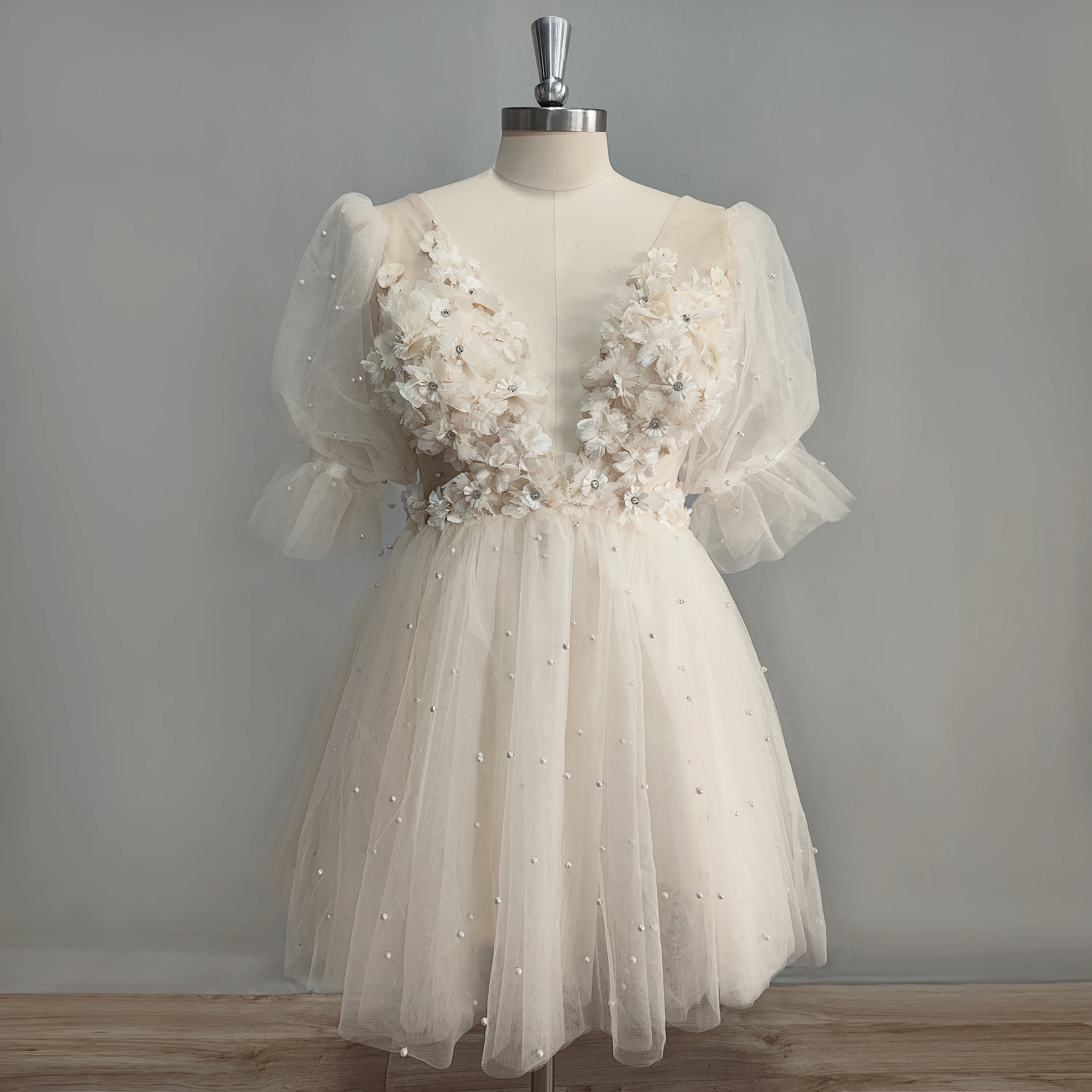 Top Trends: DIDEYTTAWL Real Photo 3D Flowers Puff Sleeves Short Wedding Dress 2024 Pearls Deep V Neck Backless Tulle Mini Bridal Gown Shoppable Styles