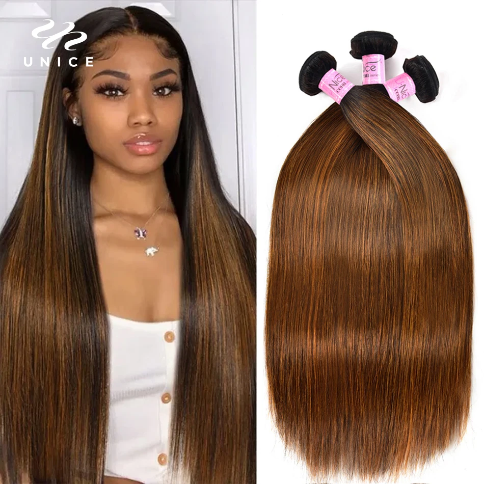 Top Trends: Unice Caramel Highlight Human Hair Straight Bundles 3pcs Brazilian Hair Body Wave Bundles 100% Human Hair Extension 8-30inches Shoppable Styles