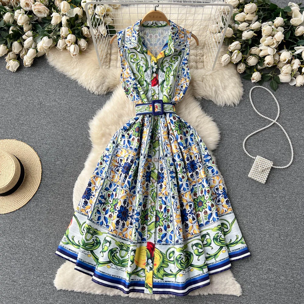 Top Trends: 2023 Summer Runway Shirt Dress Women&#039;s Notch Collar Sleeveless Blue And White Porcelain Print Lace Up Belt Pleated Midi Dress Shoppable Styles