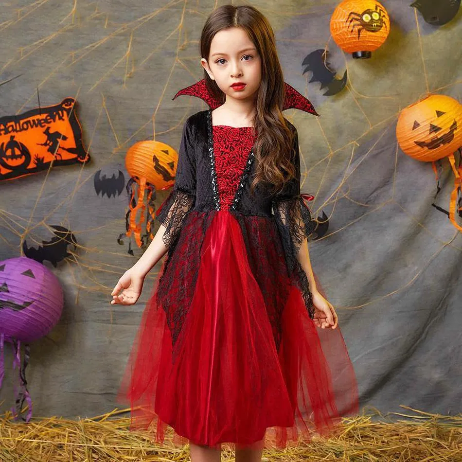 Top Trends: Vampire Costume For Girls Halloween Princess Party Dress Kids Cosplay Dresses Children Stand Collar Tulle Lace Black Red Clothes Shoppable Styles