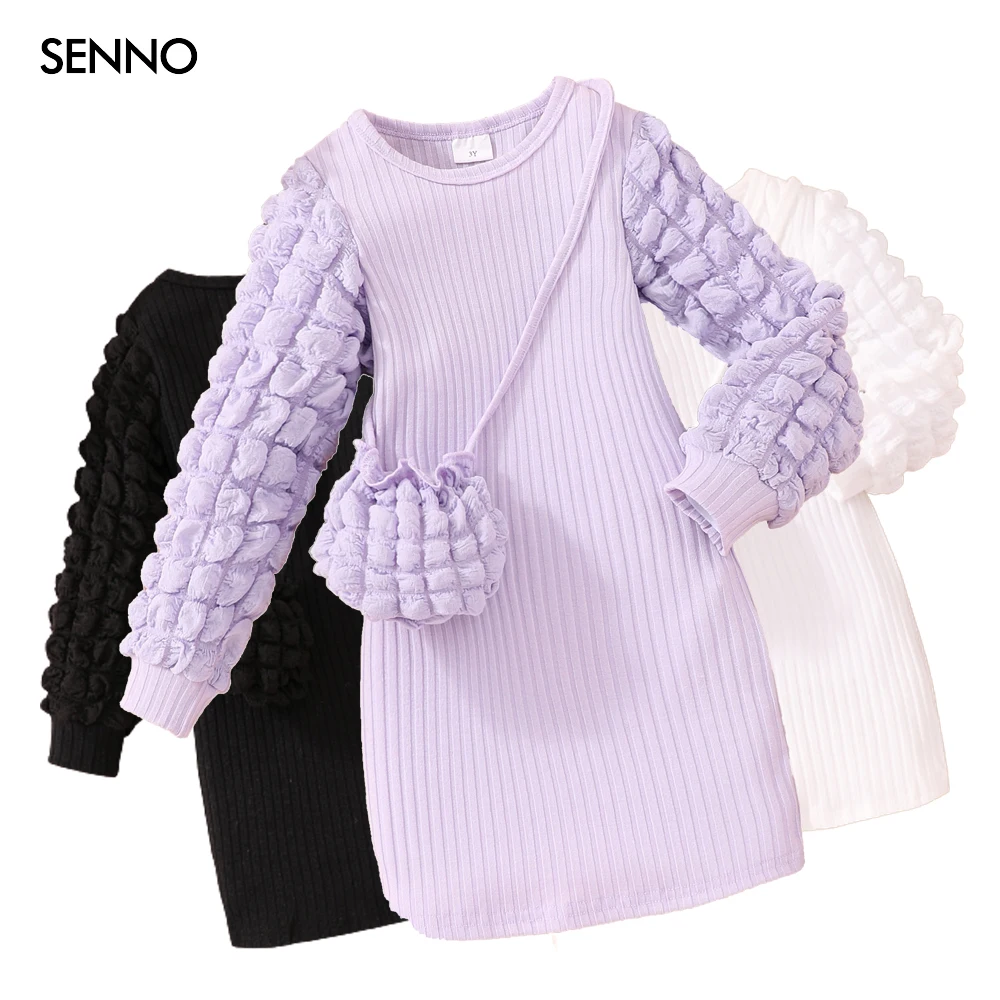 Top Trends: 2pcs Baby Girls Dress & Bag Set Clothes Children Autumn Fall Winter Puff Long Sleeve Solid Dress For Kids Girls Clothing 3-7Y Shoppable Styles